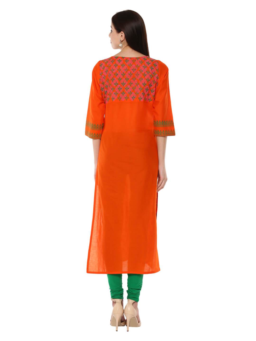Women's Orange And Green Ajrakh Hand Block Cotton Printed Straight Kurta - Wahe-Noor
