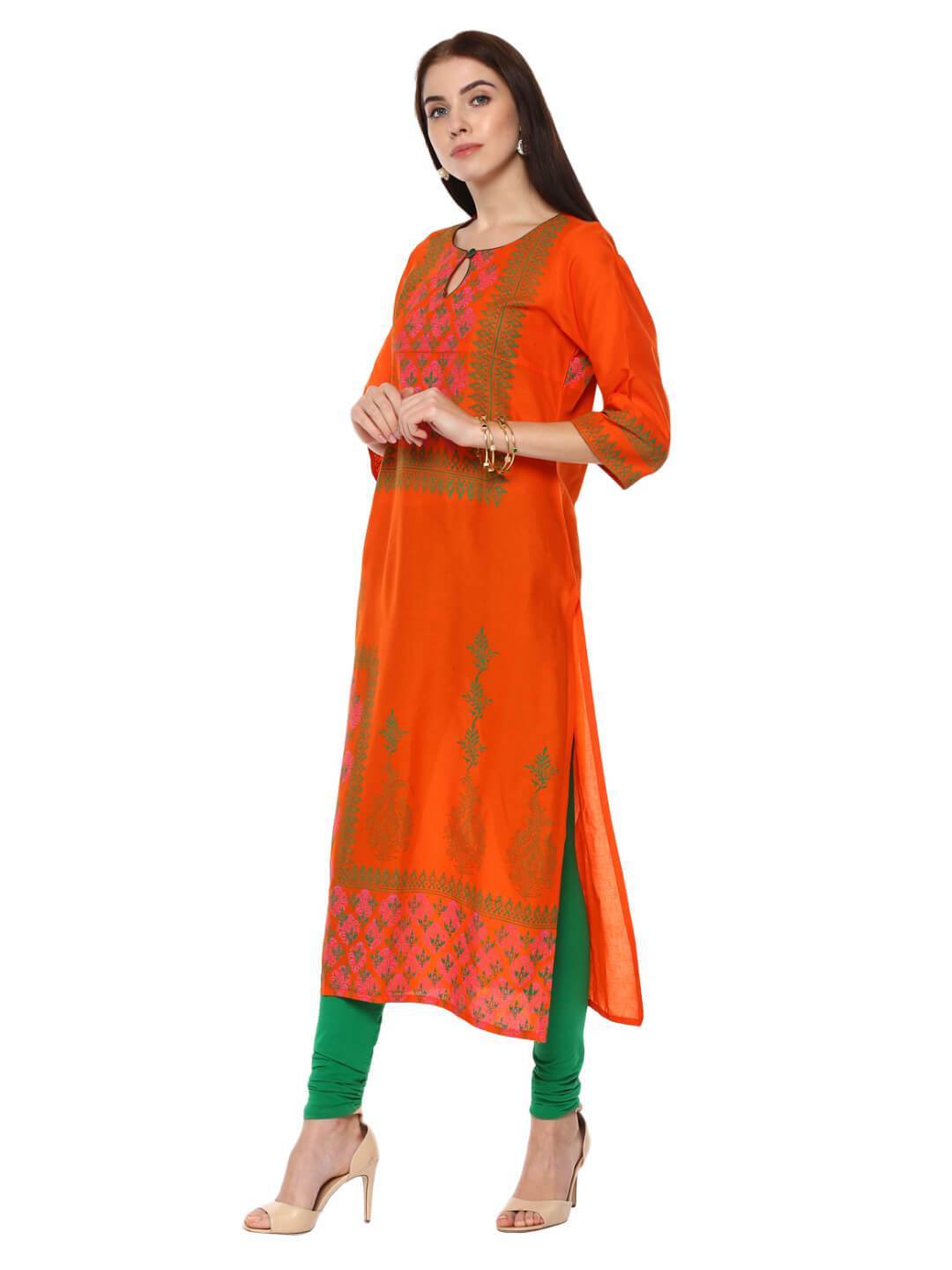 Women's Orange And Green Ajrakh Hand Block Cotton Printed Straight Kurta - Wahe-Noor