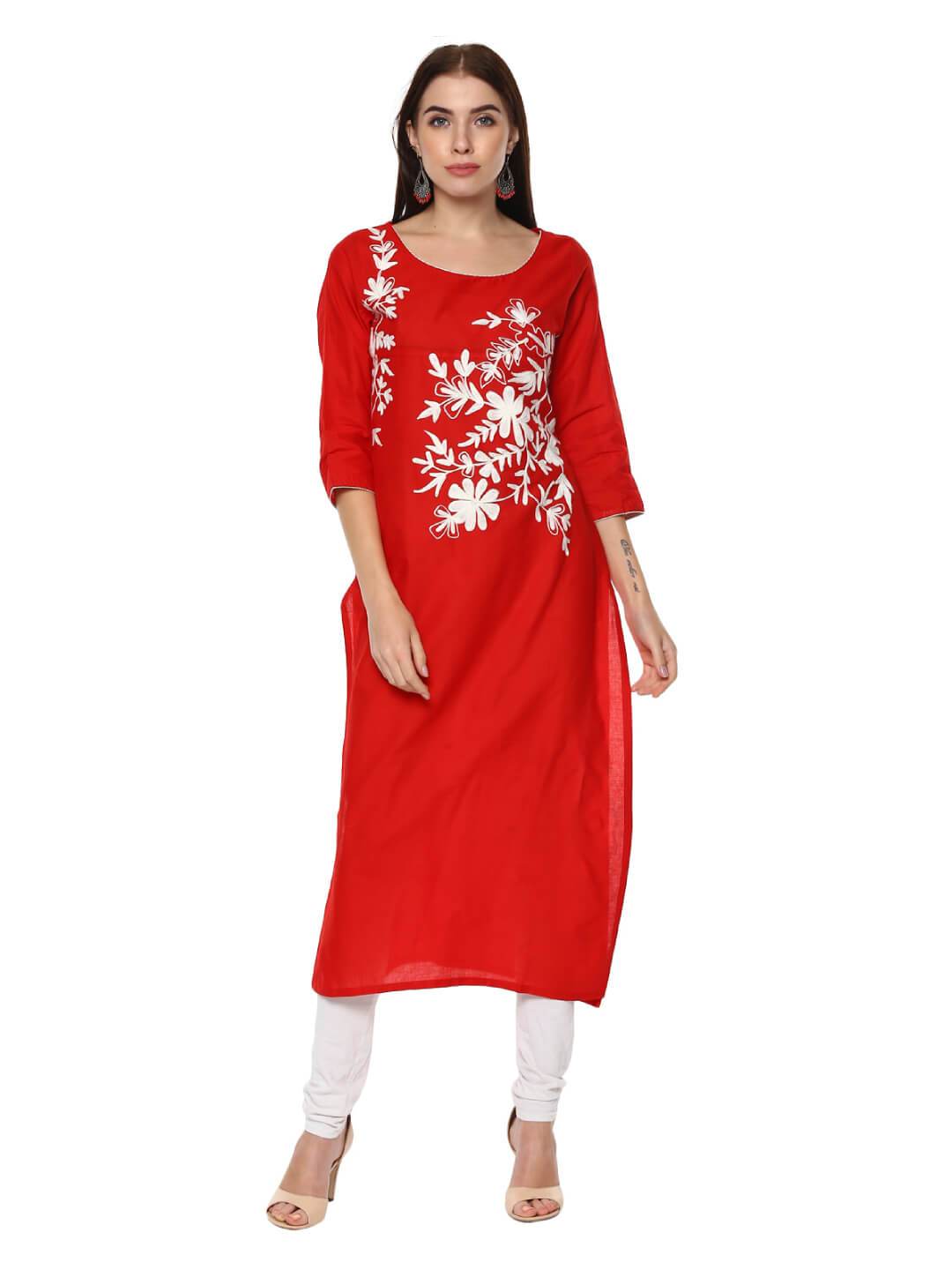 Women's Bright Red Ajrakh Hand Block Cotton Printed Straight Kurta - Noz2Toz