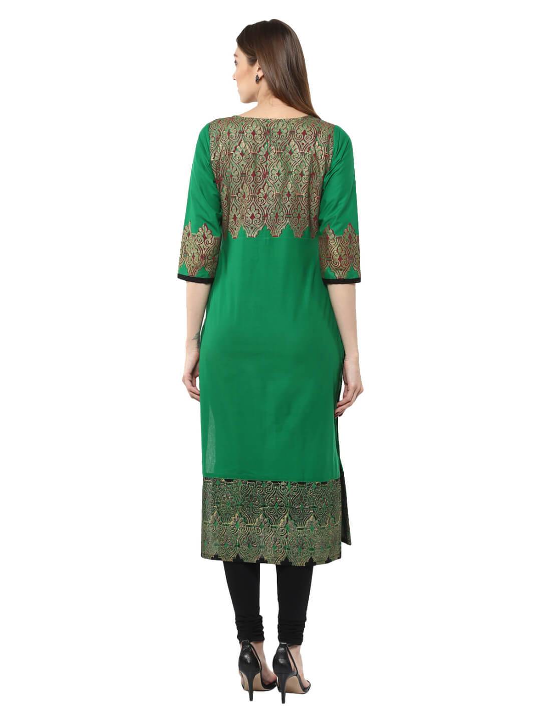 Women's Green Floral  Ajrakh Hand Block Cotton Printed Straight Kurta -Bhor - Noz2Toz