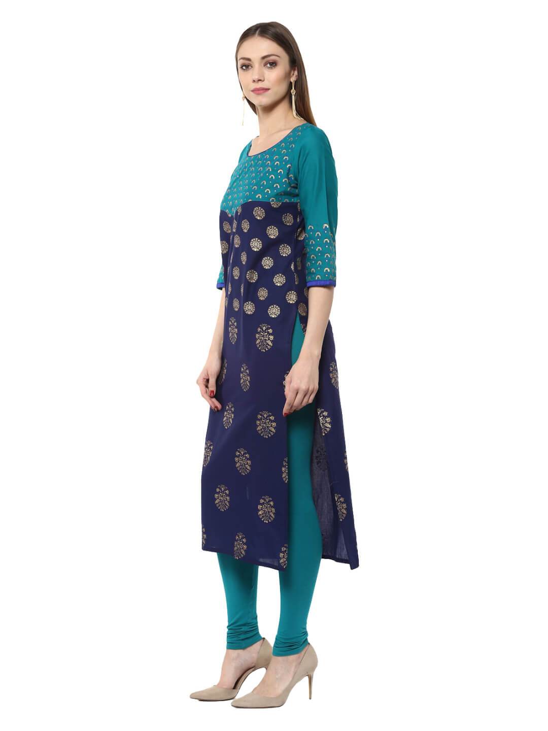 Women's Indigo And Turquoise Floral  Ajrakh Hand Block Cotton Printed Straight Kurta  - Noz2Toz