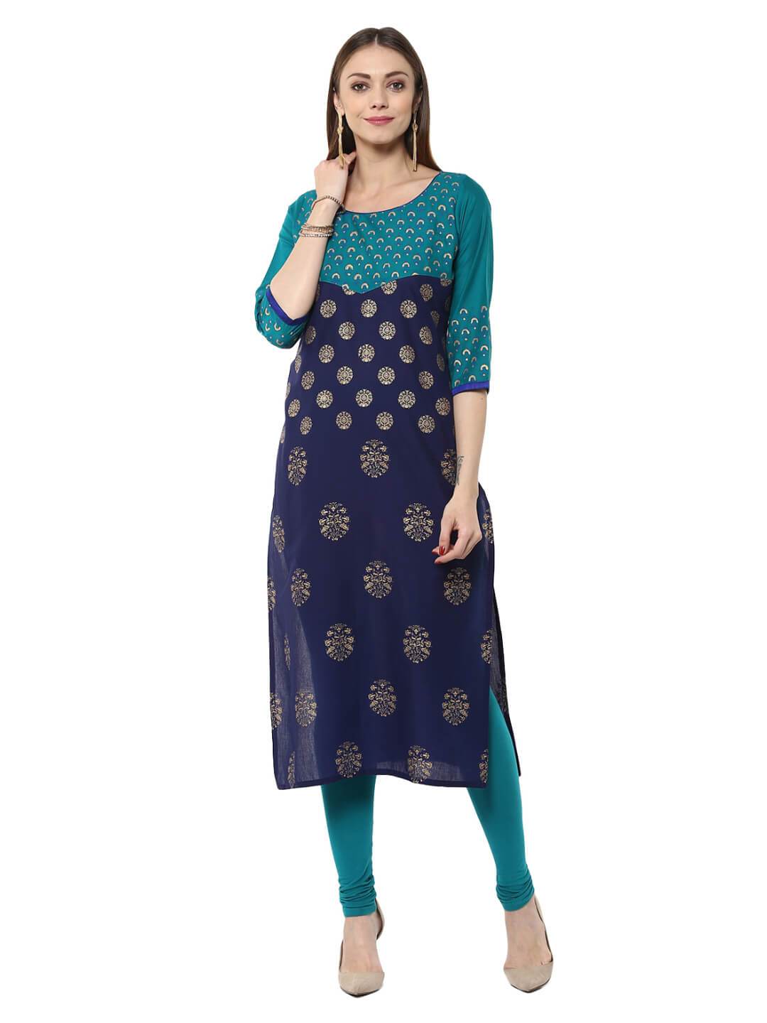 Women's Indigo And Turquoise Floral  Ajrakh Hand Block Cotton Printed Straight Kurta  - Noz2Toz