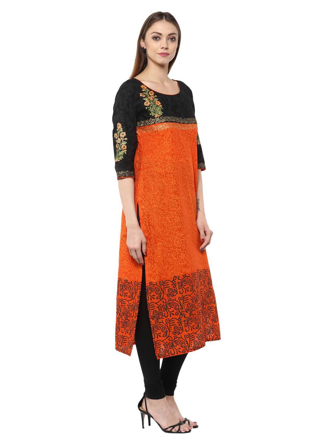 Women's Orange Floral  Ajrakh Hand Block Cotton Printed Straight Kurta - Wahe-Noor