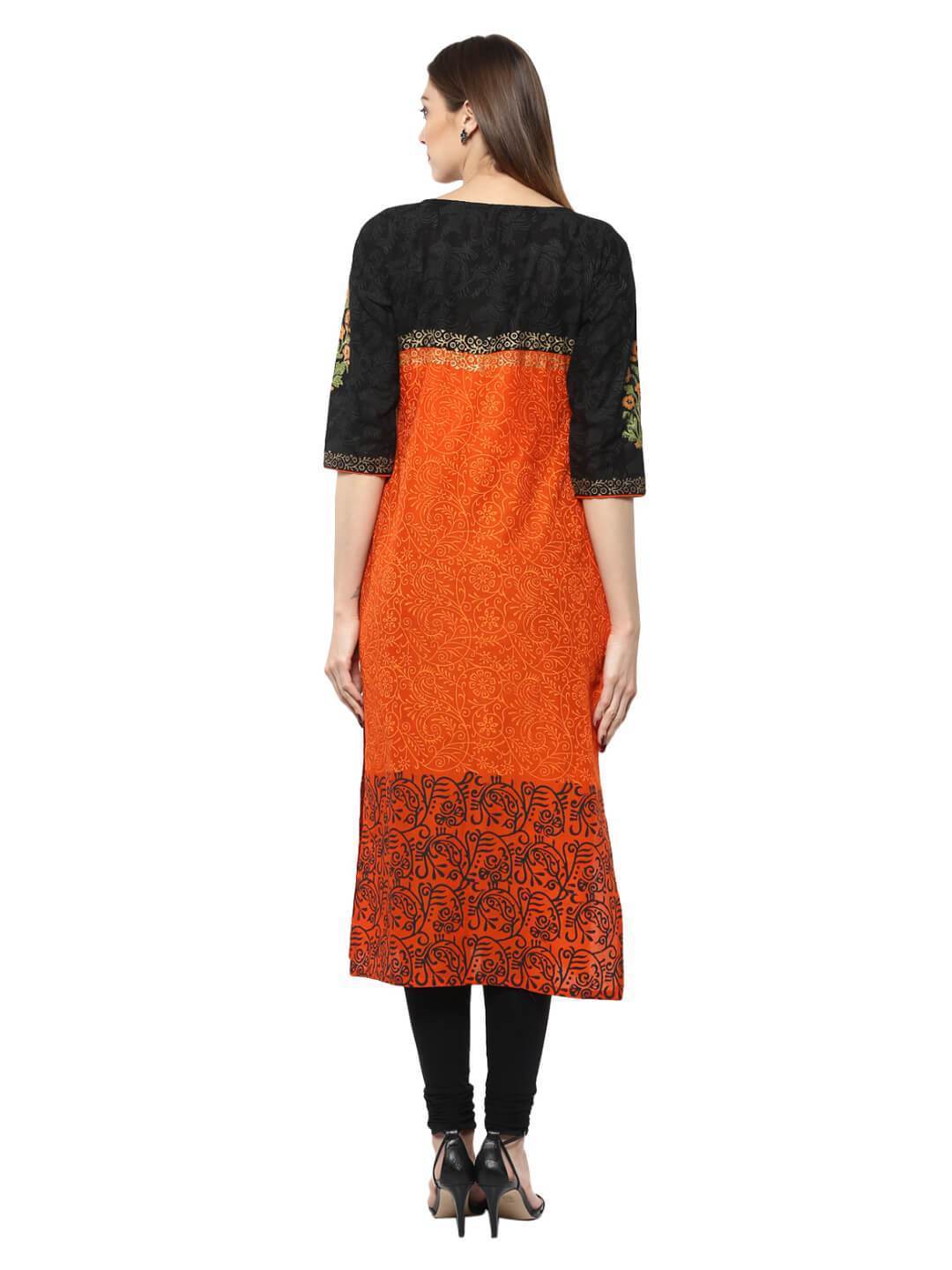 Women's Orange Floral  Ajrakh Hand Block Cotton Printed Straight Kurta  - Noz2Toz