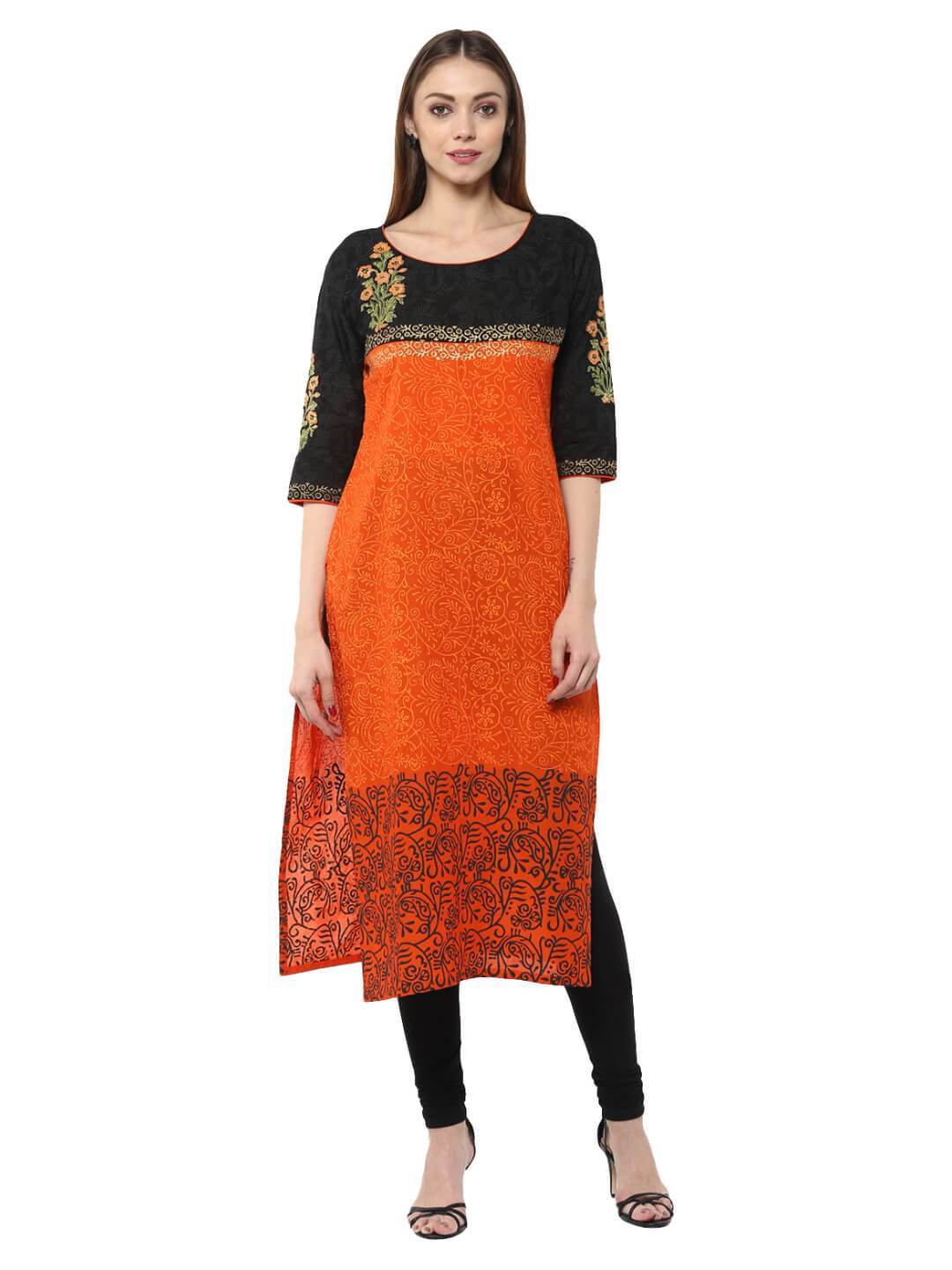 Women's Orange Floral  Ajrakh Hand Block Cotton Printed Straight Kurta - Wahe-Noor