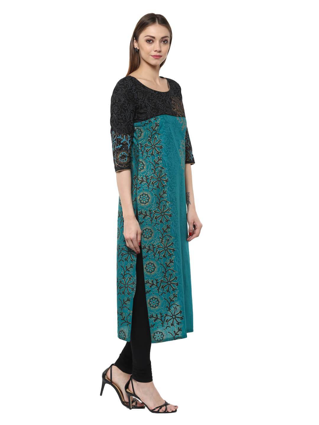 Women's Turquoise Floral  Ajrakh Hand Block Cotton Printed Straight Kurta - Noz2Toz