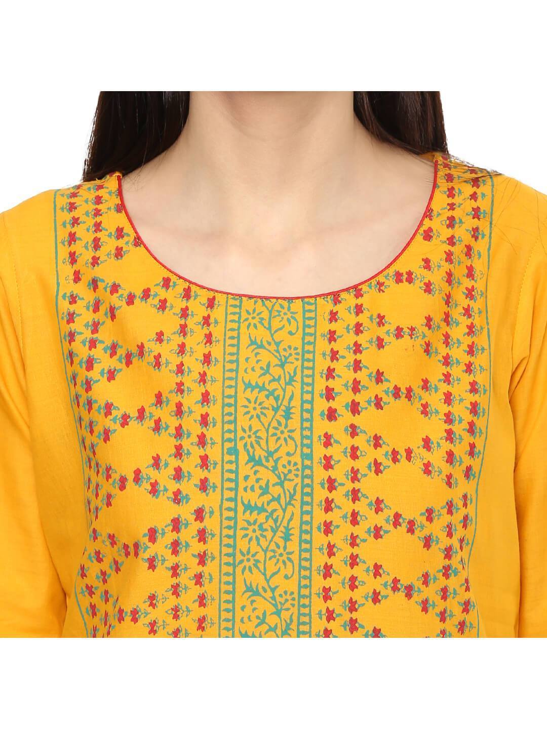 Women's Mustard Ajrakh Hand Block Overall Printed Straight Cotton Kurta  - Noz2Toz