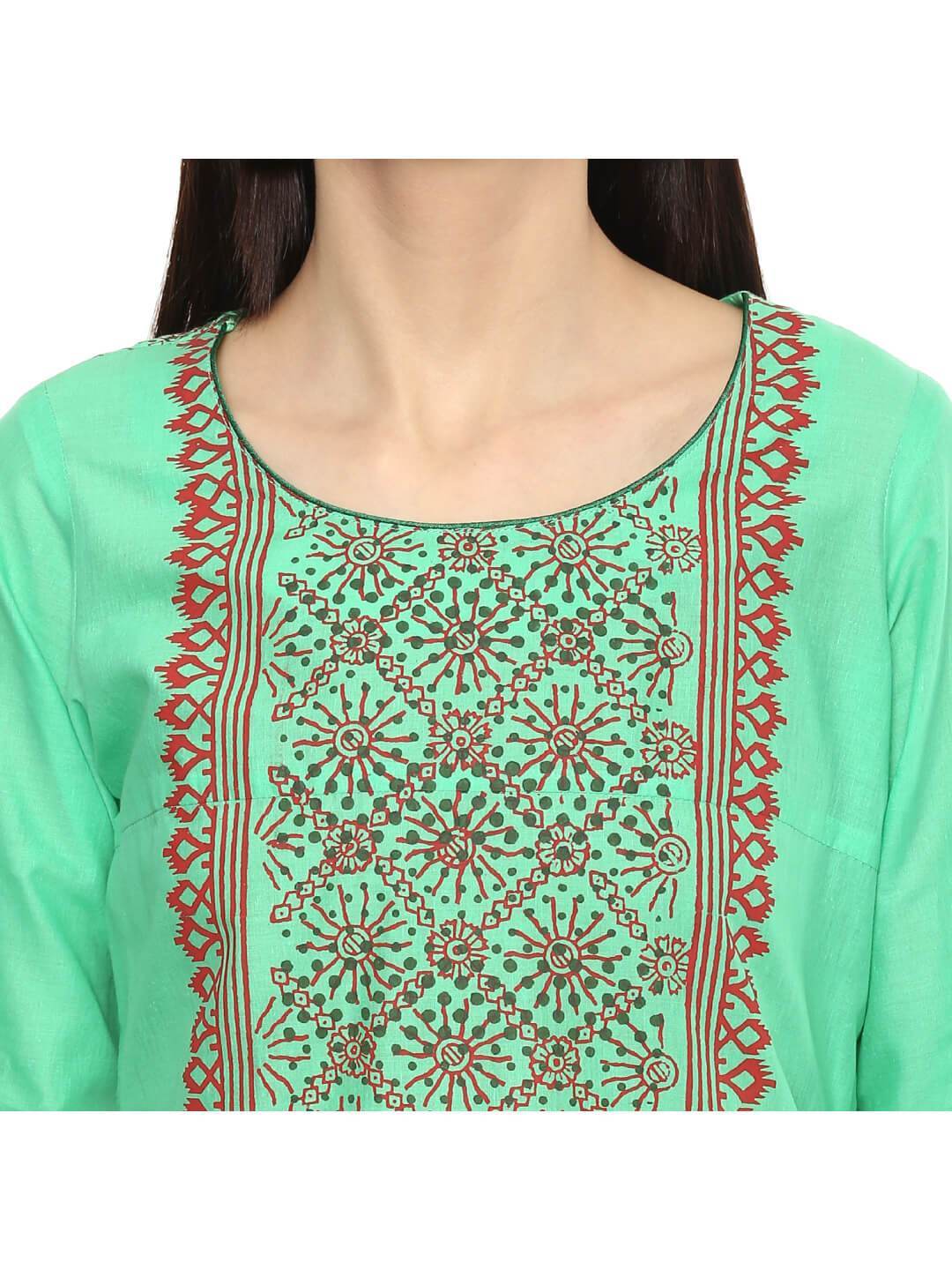 Women's Pista Green Ajrakh Hand Block Cotton Printed Straight Kurta - Wahe-Noor