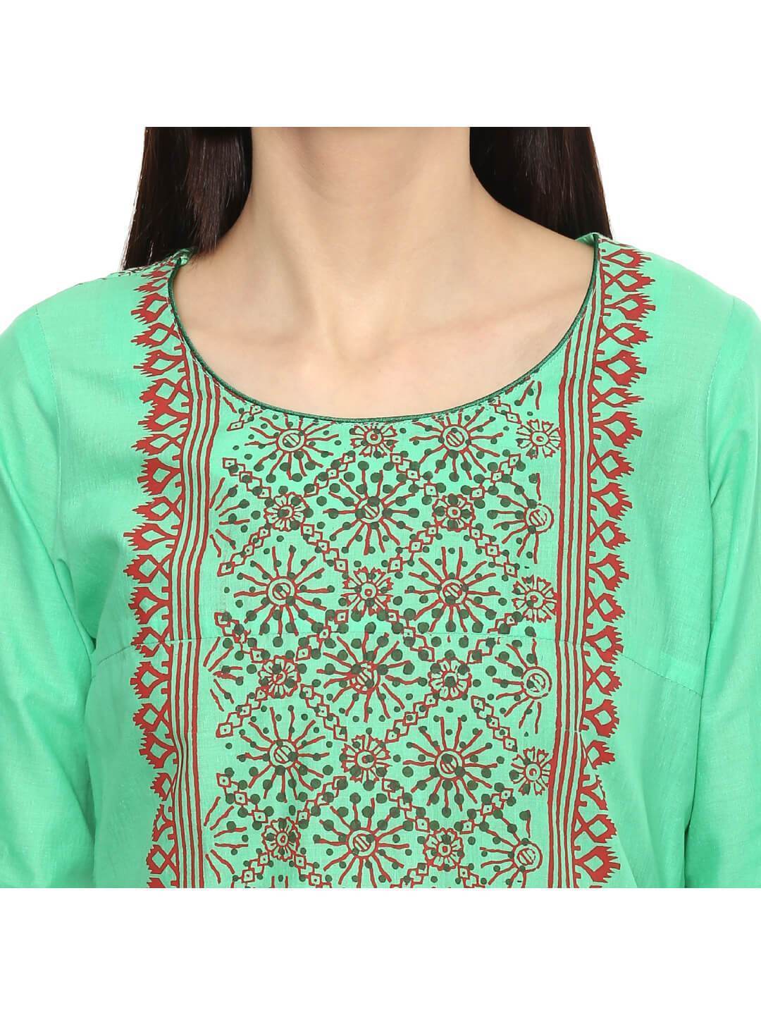 Women's Pista Green Ajrakh Hand Block Cotton Printed Straight Kurta  - Noz2Toz