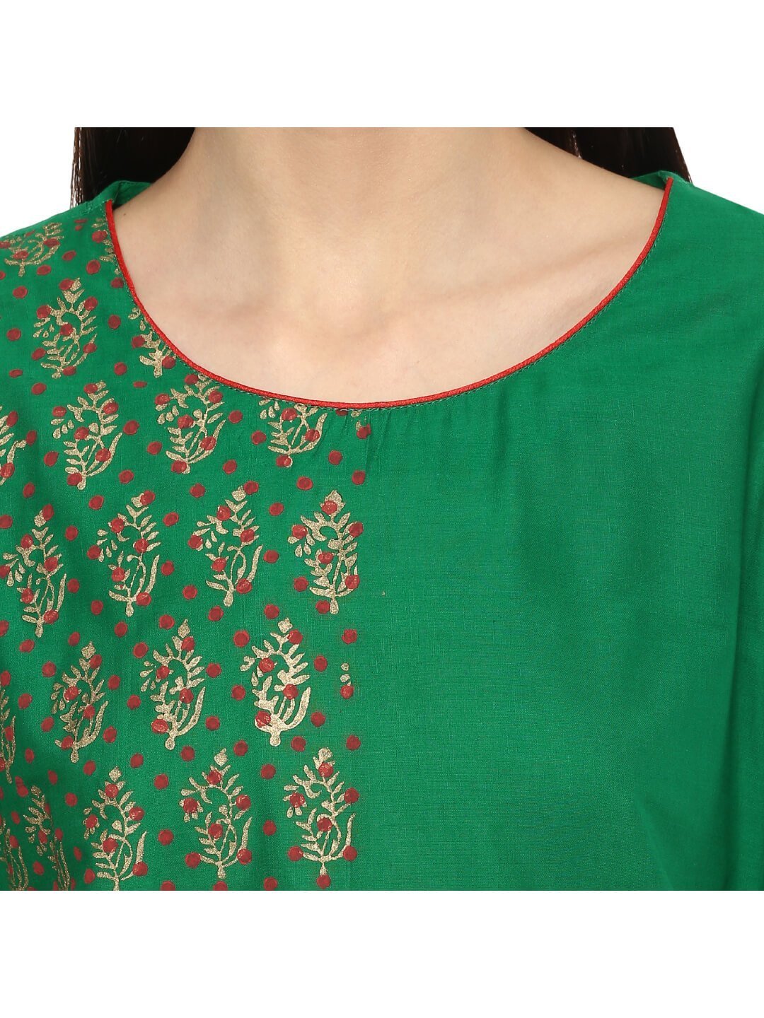 Women's Green Ajrakh Floral Hand Block Cotton Printed Straight Kurta  - Noz2Toz