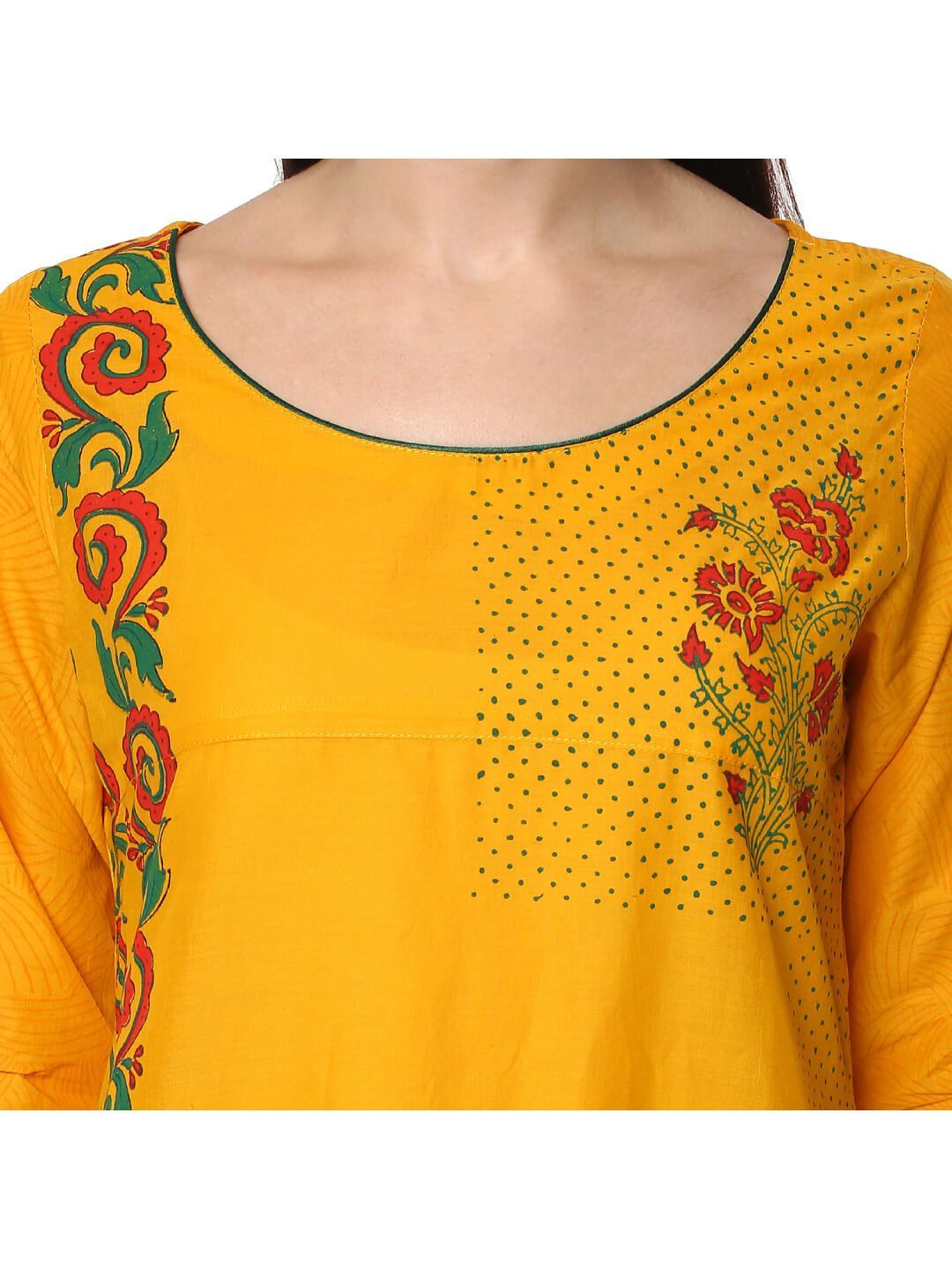 Women's Mustard Ajrakh Hand Block Floral Printed Minimal Straight Cotton Kurta - Wahe-Noor