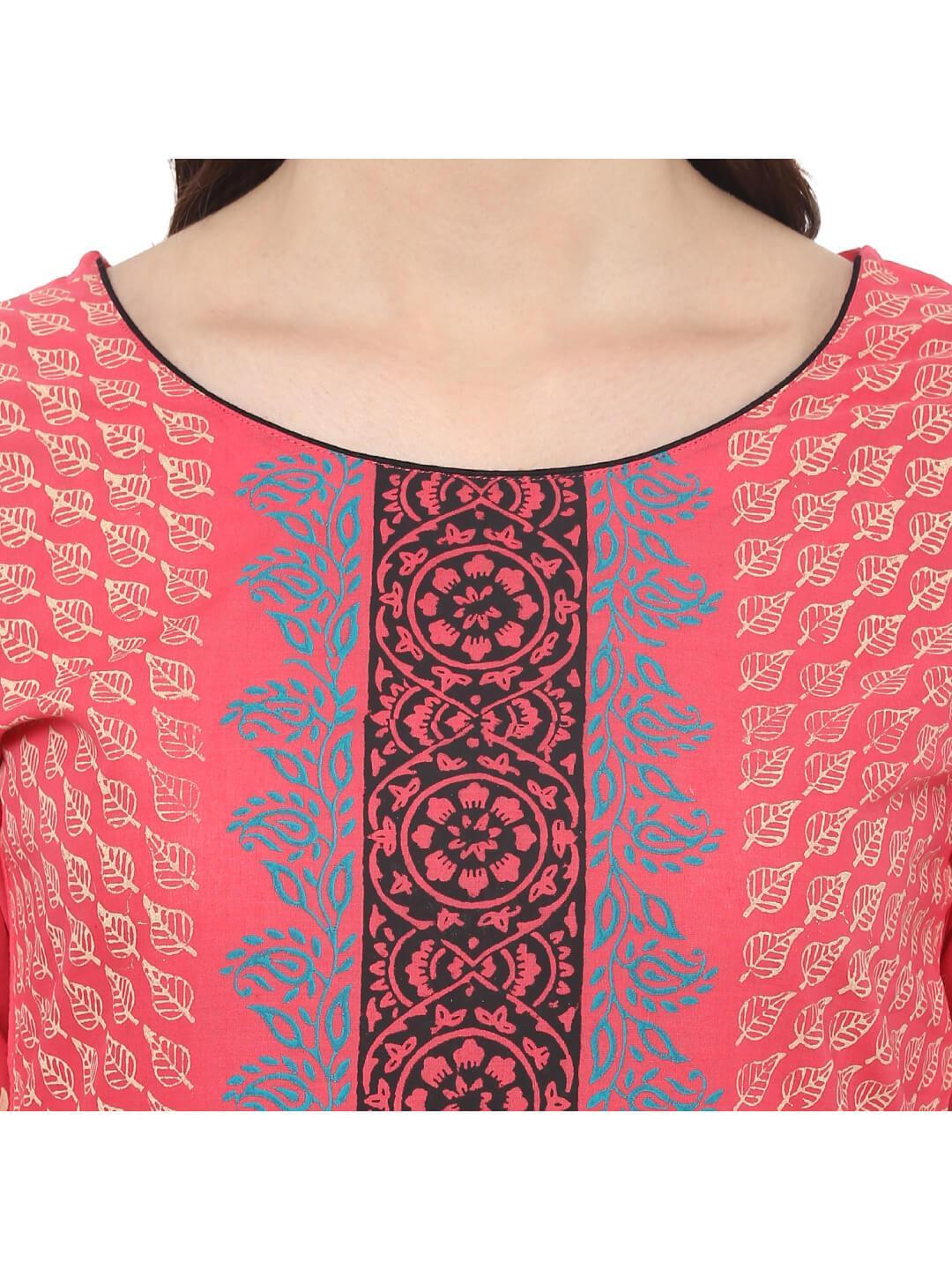 Women's Bright Pink Ajrakh Hand Block Cotton Printed Straight Kurta - Wahe-Noor