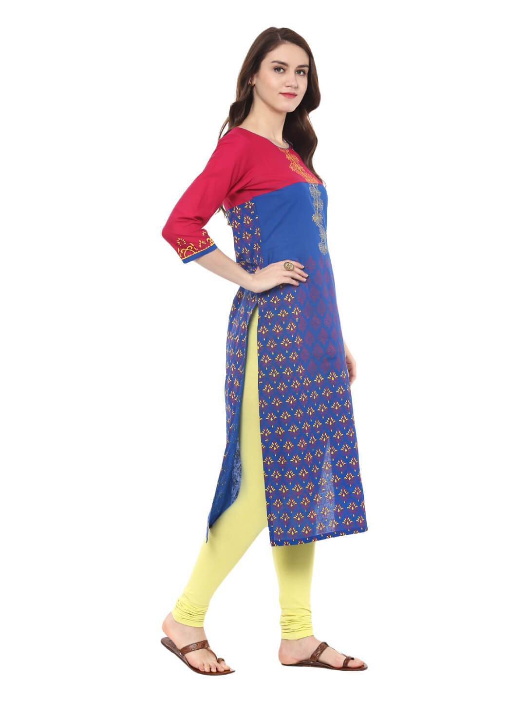 Women's Navy Blue And Red Color Ajrakh Hand Block Cotton Printed Straight Kurta - Wahe-Noor