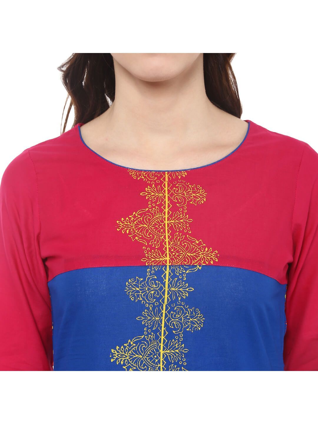 Women's Navy Blue And Red Color Ajrakh Hand Block Cotton Printed Straight Kurta - Wahe-Noor