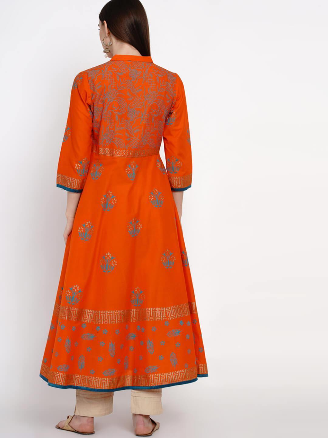 Women's Orange Ajrakh Hand Block Cotton Anarkali With Turquoise Print - Noz2Toz