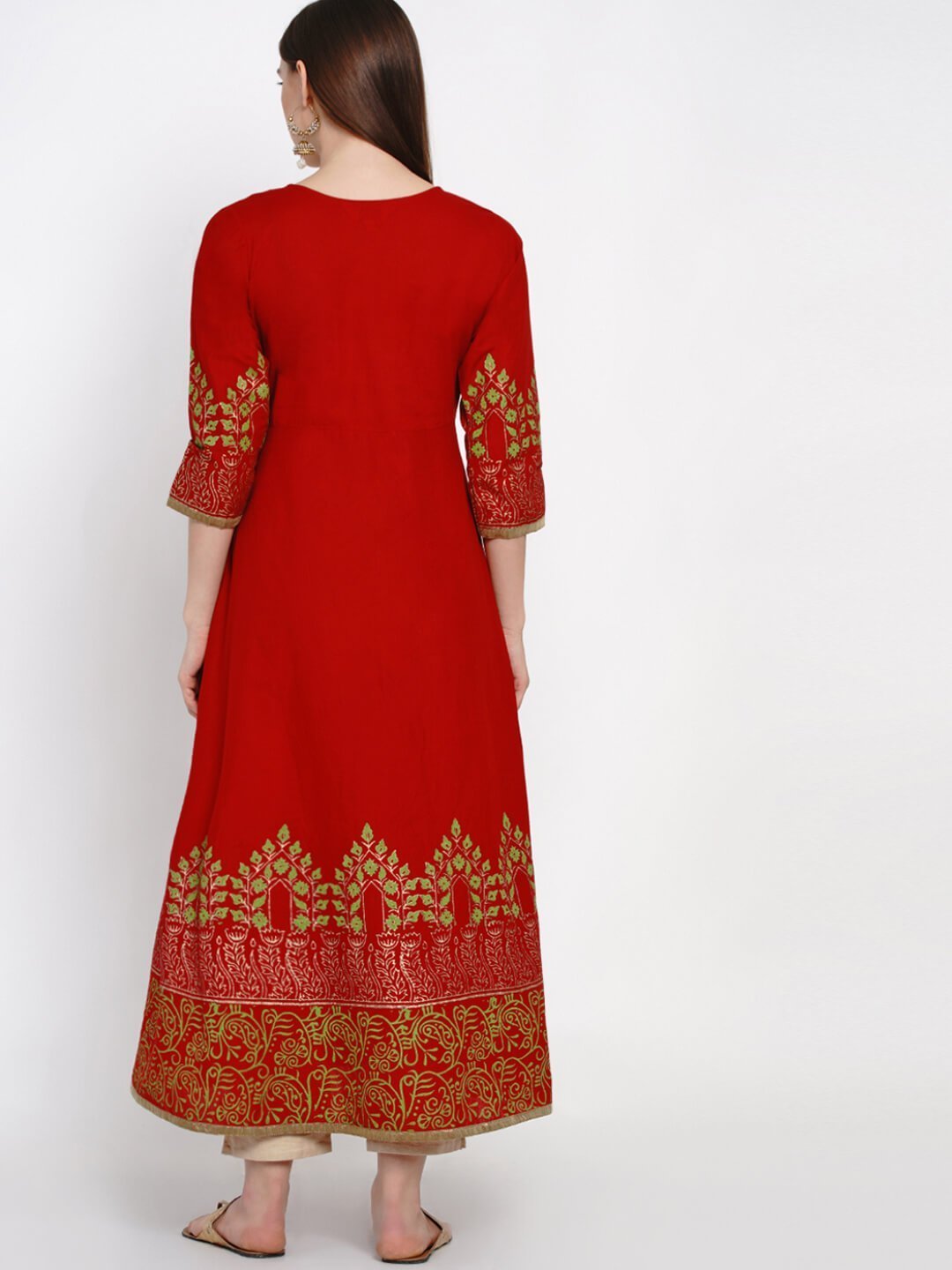 Women's Minimal Red Cotton Handblocked Anarkali - Noz2Toz