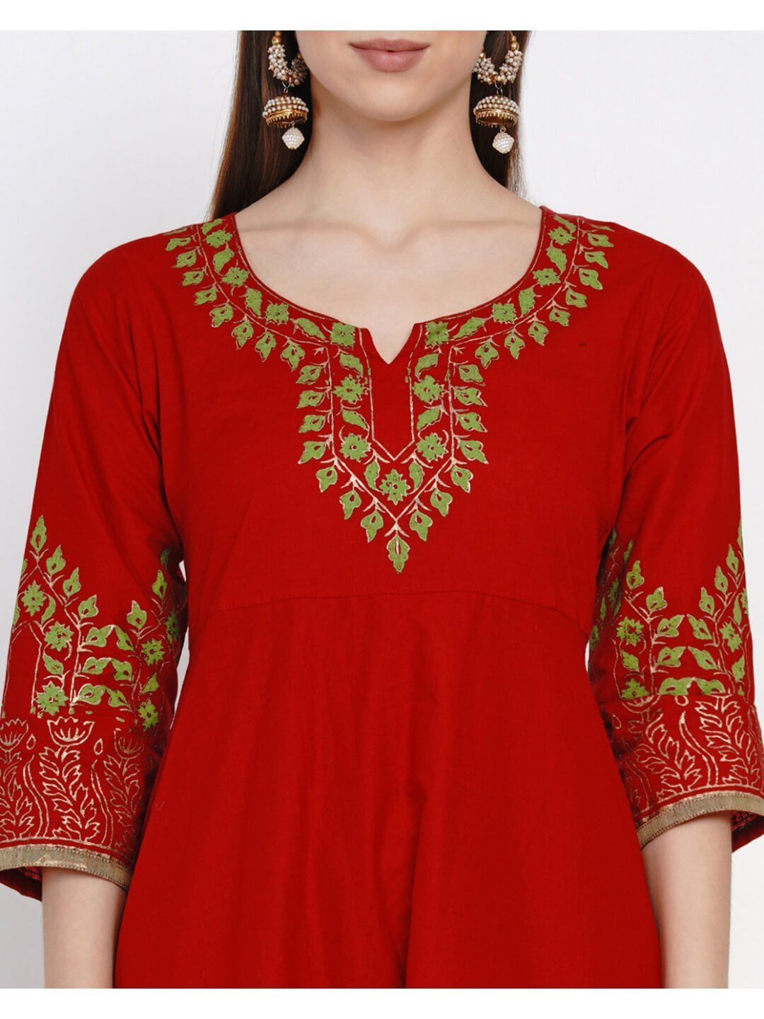 Women's Minimal Red Cotton Handblocked Anarkali - Noz2Toz