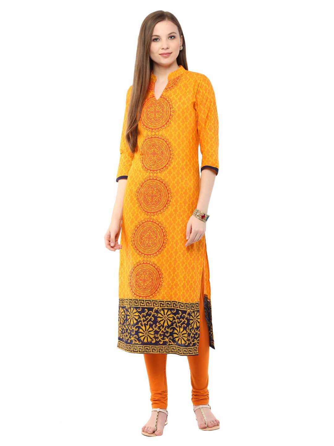 Women's Mustard Ajrakh Hand Block Cotton Printed Straight Kurta - Wahe-Noor
