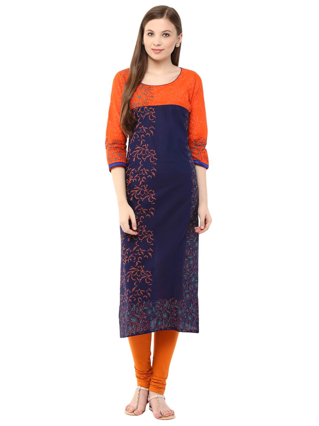 Women's Orange And Blue Floral Ajrakh Hand Block Cotton Printed Straight Kurta - Wahe-Noor