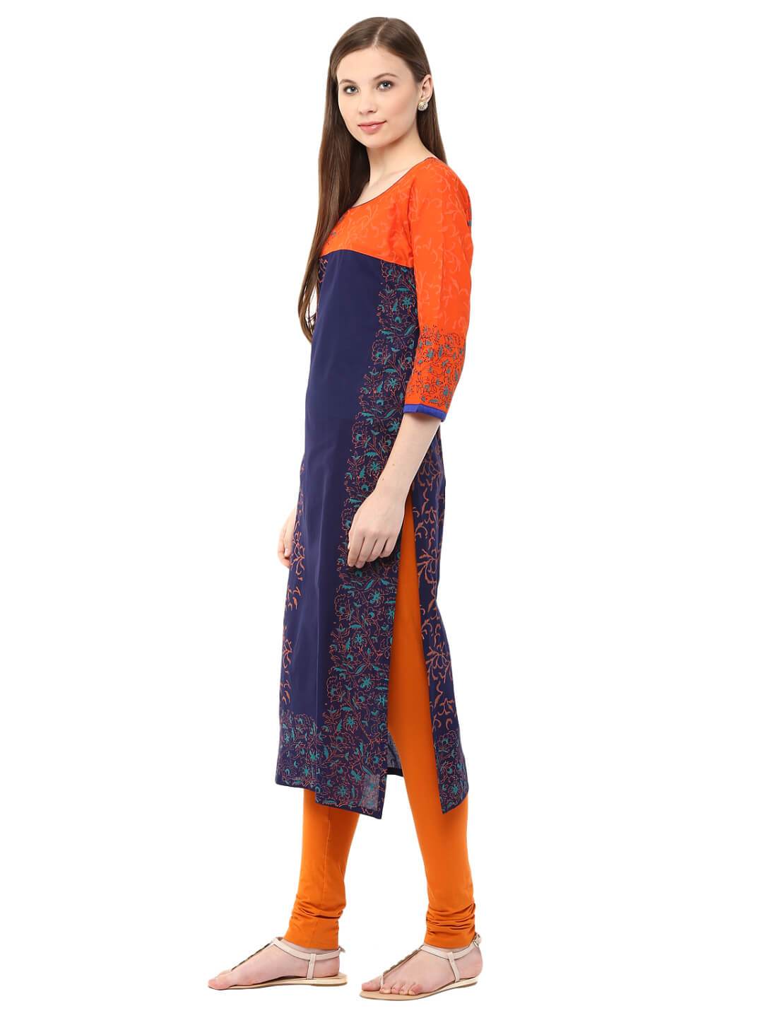 Women's Orange And Blue Floral Ajrakh Hand Block Cotton Printed Straight Kurta  - Noz2Toz