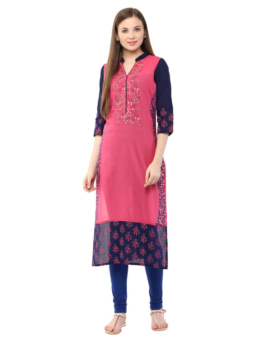 Women's Pink & Blue Floral Ajrakh Hand Block Cotton Printed Straight Kurta  - Noz2Toz