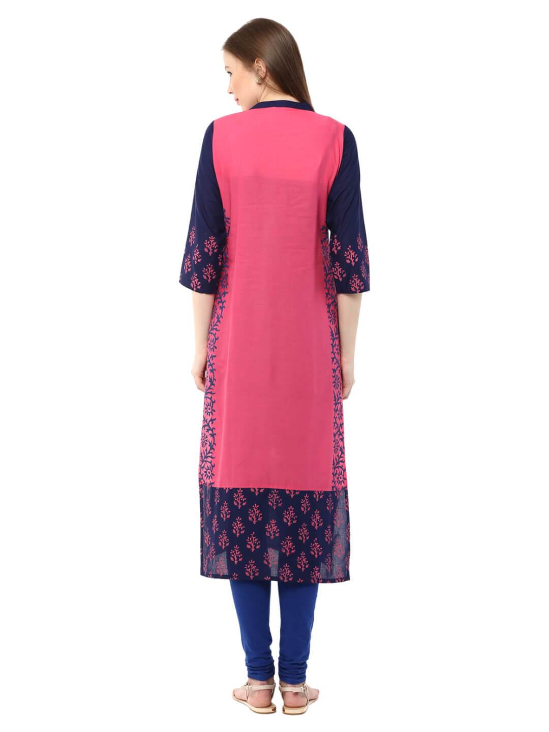 Women's Pink & Blue Floral Ajrakh Hand Block Cotton Printed Straight Kurta  - Noz2Toz