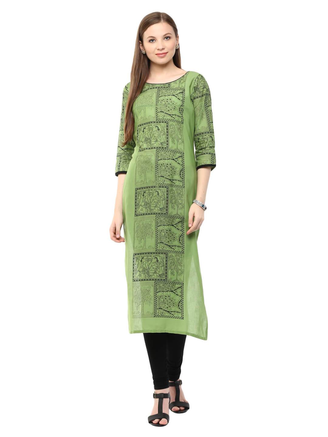 Women's Pastel Green Madhubani Ajrakh Hand Block Cotton Printed Straight Kurta  - Noz2Toz