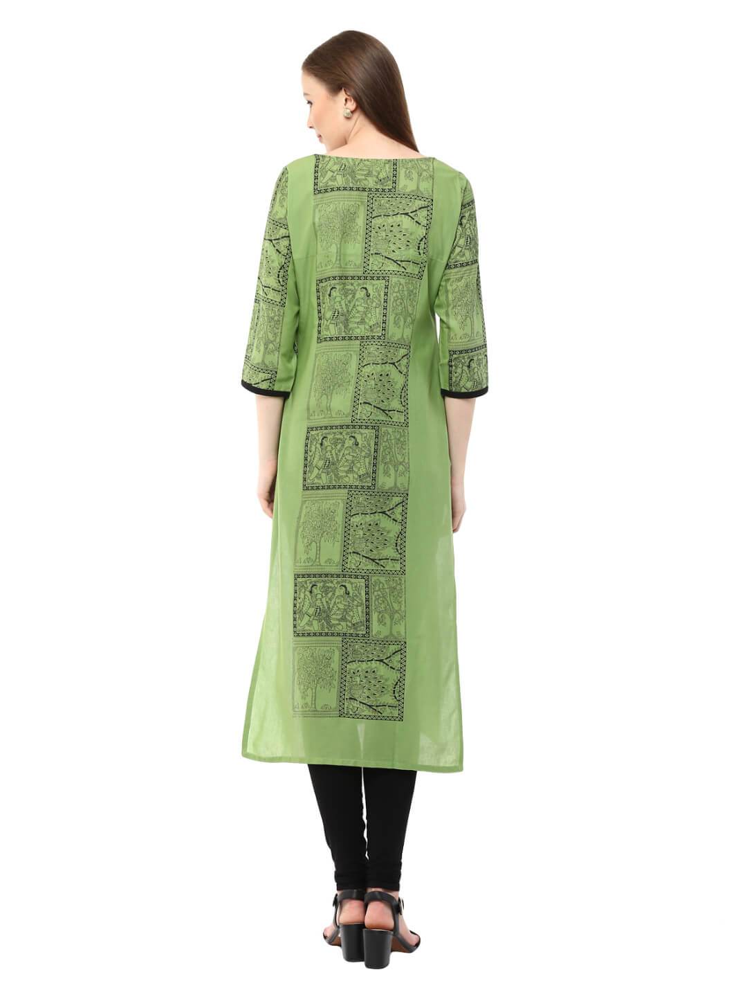 Women's Pastel Green Madhubani Ajrakh Hand Block Cotton Printed Straight Kurta  - Noz2Toz