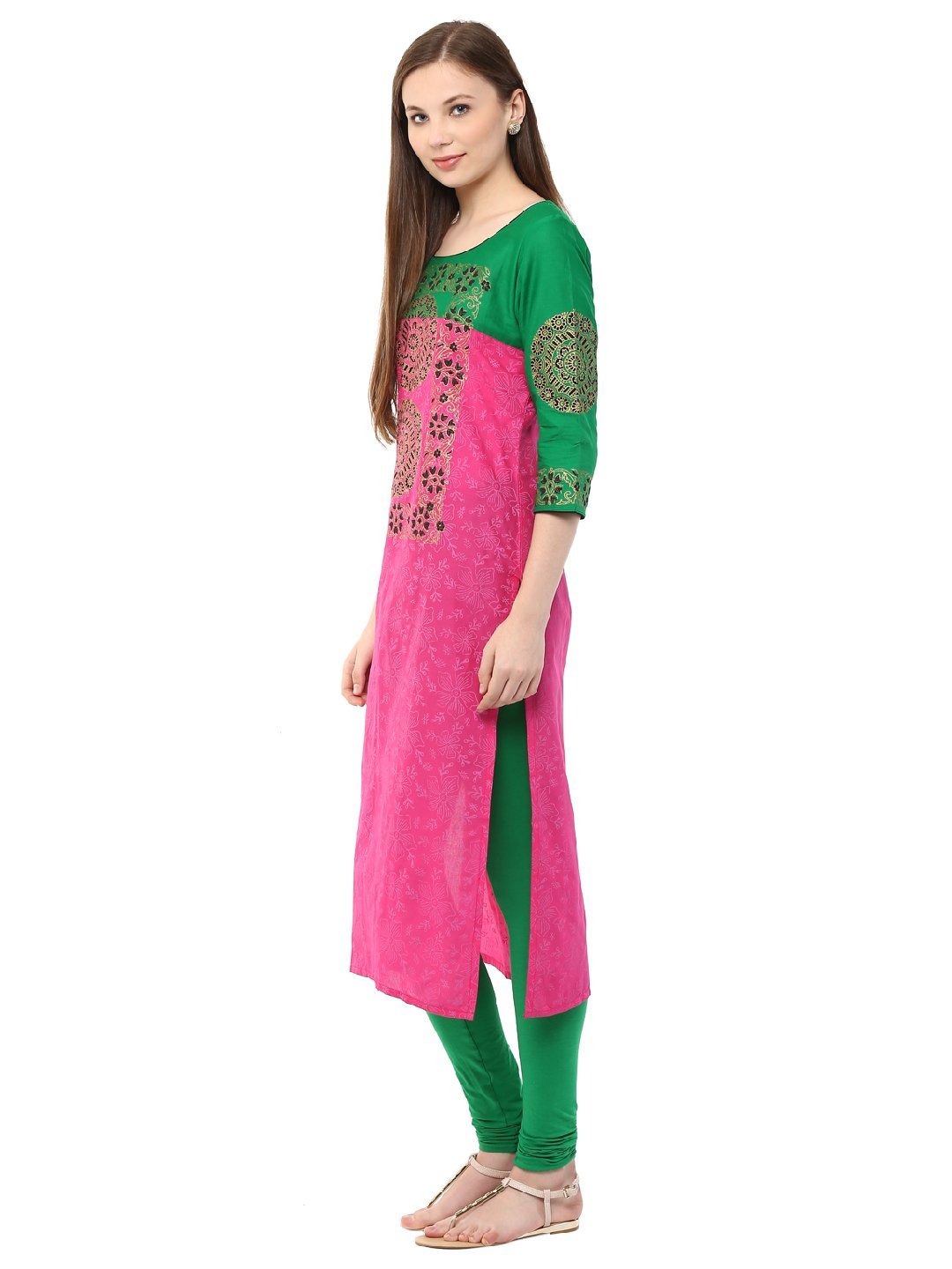 Women's Pink And Green  Ajrakh Hand Block  Printed Cotton Straight Kurta - Noz2Toz