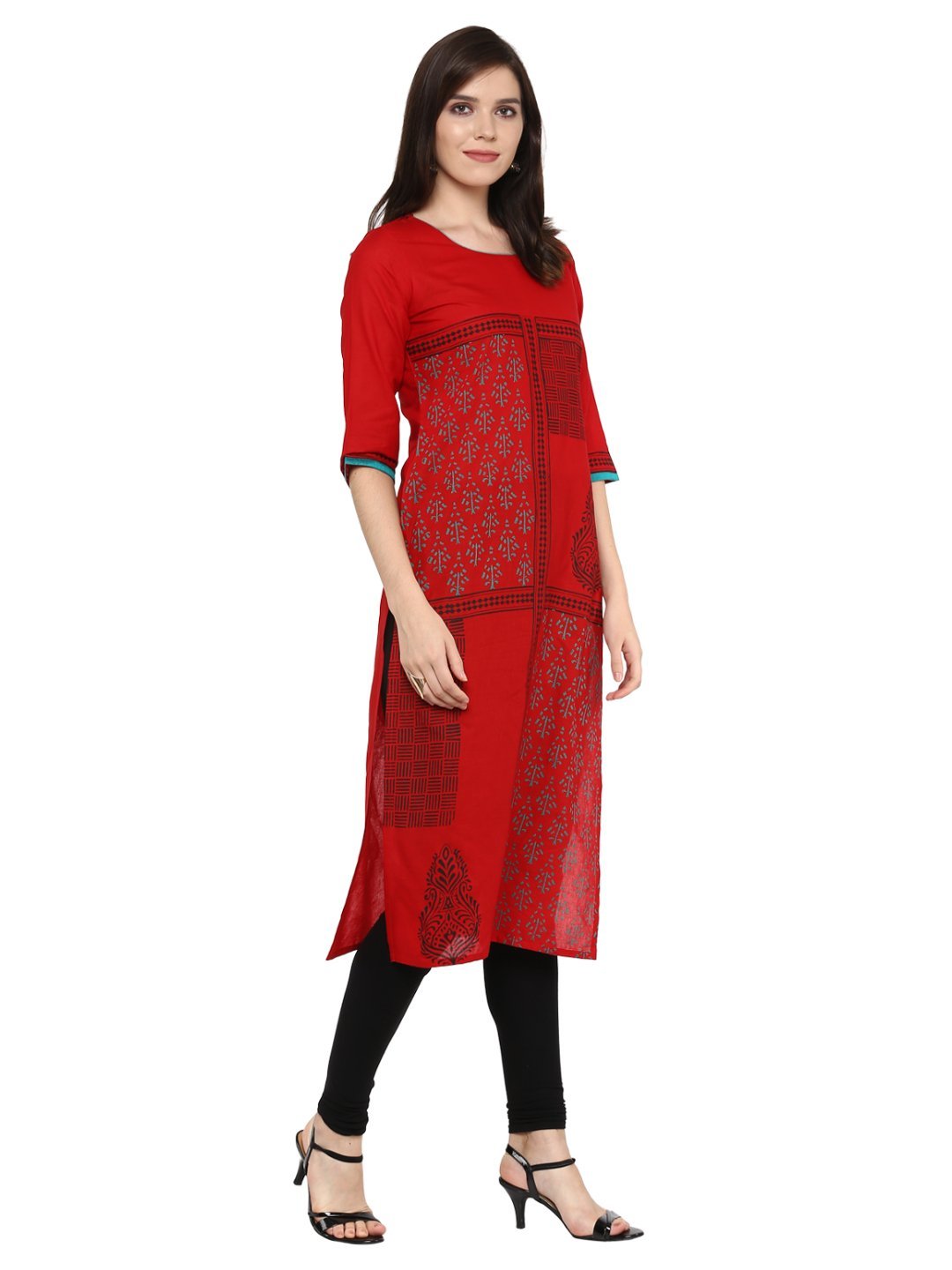 Women's Red Ajrakh Hand Block Geometric Printed Cotton Straight Kurta - Noz2Toz