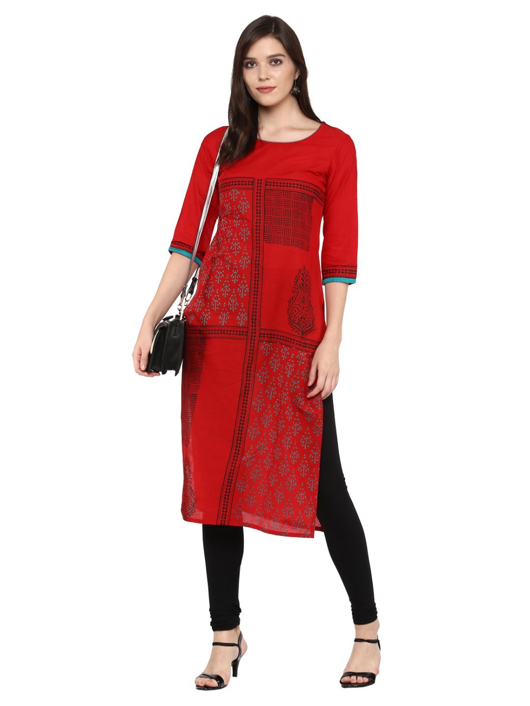 Women's Red Ajrakh Hand Block Geometric Printed Cotton Straight Kurta - Noz2Toz