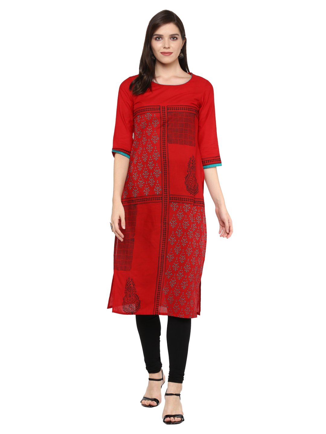 Women's Red Ajrakh Hand Block Geometric Printed Cotton Straight Kurta - Wahe-Noor