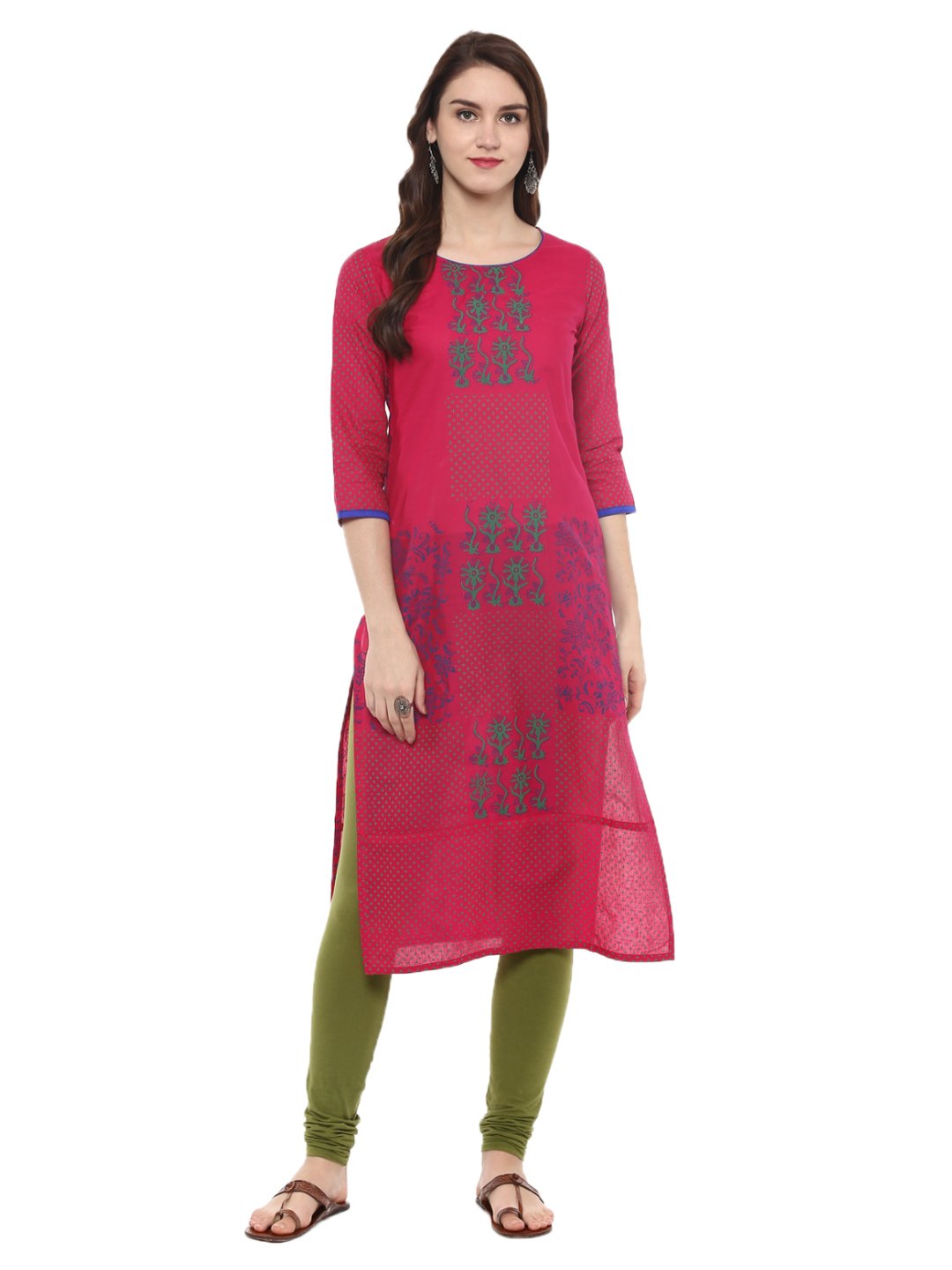 Women's Pink Ajrakh Hand Block Cotton Printed Straight Kurta With Turquoise Floral Prints - Wahe-Noor