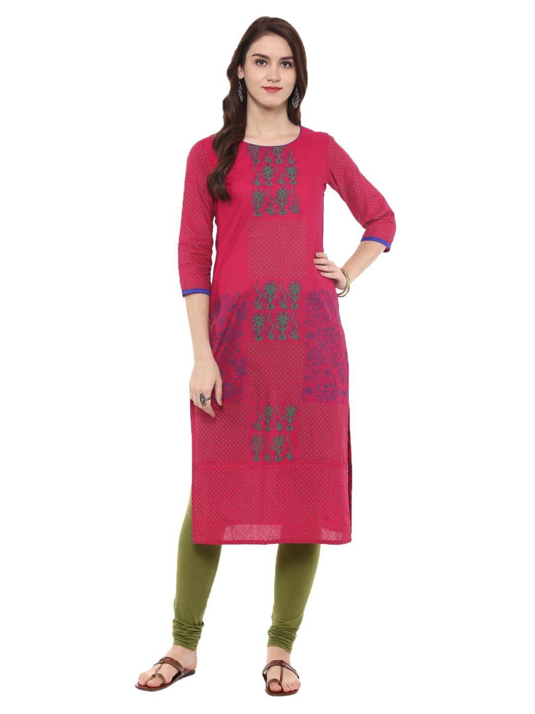 Women's Pink Ajrakh Hand Block Cotton Printed Straight Kurta With Turquoise Floral Prints - Wahe-Noor