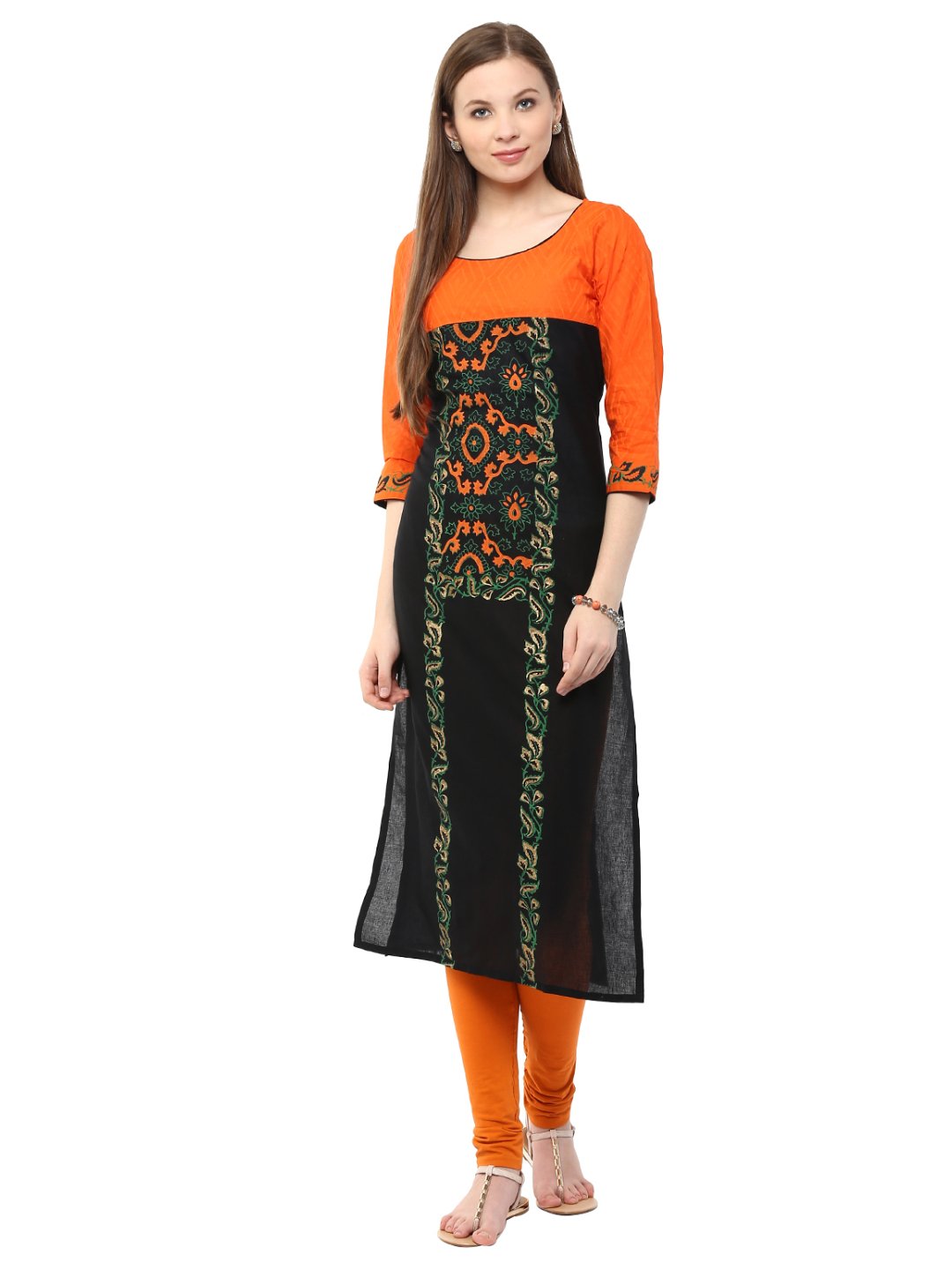 Women's Orange & Black Ajrakh Hand Block Cotton Printed Straight Kurta - Noz2Toz