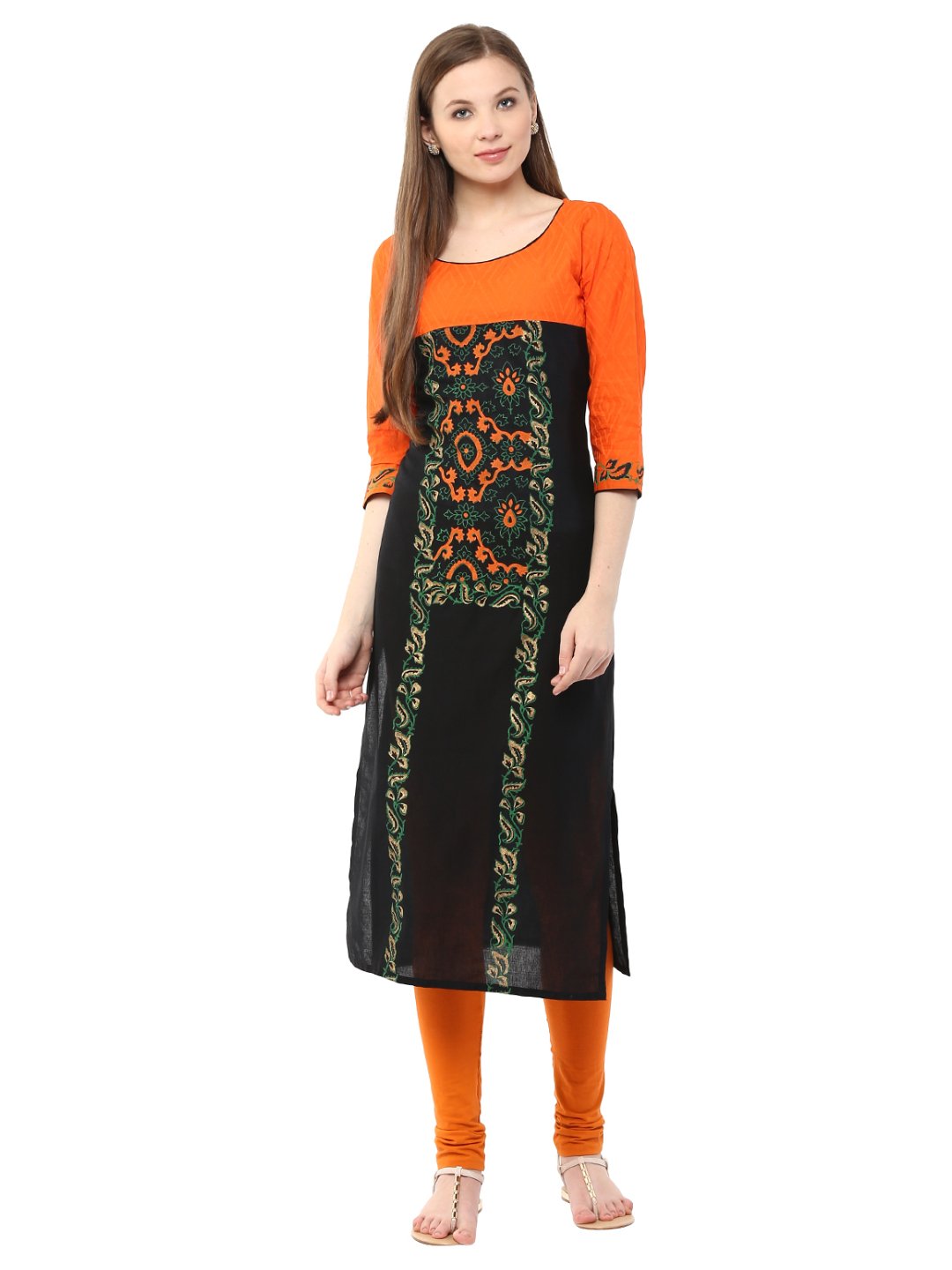 Women's Orange & Black Ajrakh Hand Block Cotton Printed Straight Kurta - Noz2Toz
