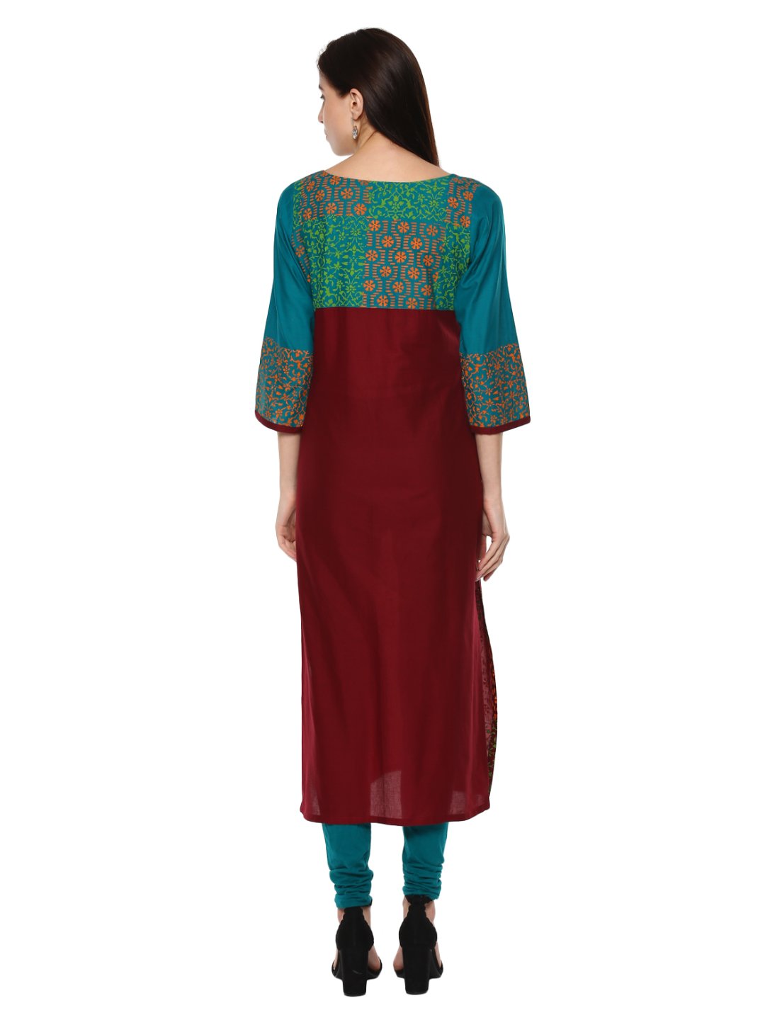 Women's Turquoise And Maroon Statement Hand Block Cotton Printed Straight Kurta - Wahe-Noor