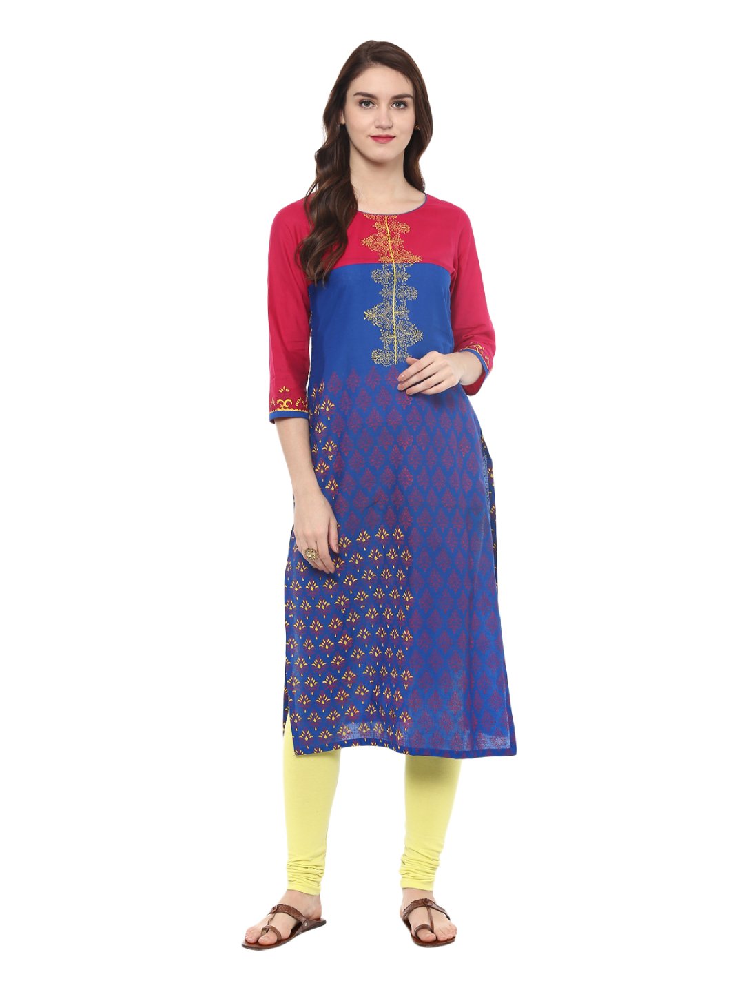 Women's Indigo Blue Ajrakh Hand Block Cotton Printed Straight Kurta With Contrast Prints - Wahe-Noor
