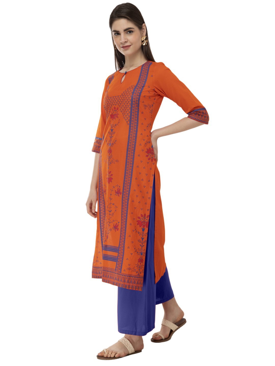 Women's Orange And Blue Ajrakh Hand Block Printed Cotton Straight Kurta - Noz2Toz