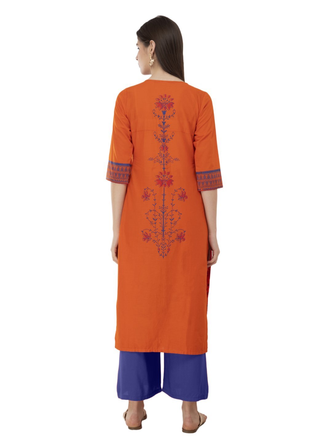 Women's Orange And Blue Ajrakh Hand Block Printed Cotton Straight Kurta - Noz2Toz