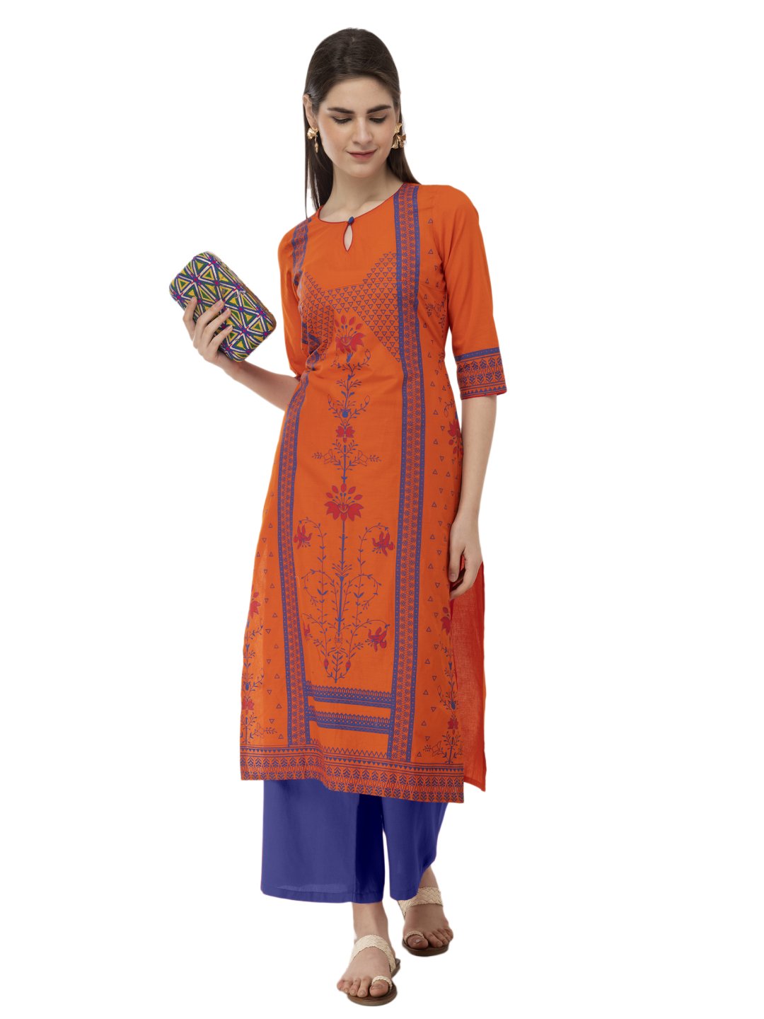 Women's Orange And Blue Ajrakh Hand Block Printed Cotton Straight Kurta - Wahe-Noor