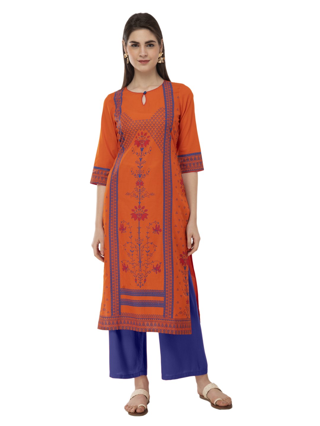 Women's Orange And Blue Ajrakh Hand Block Printed Cotton Straight Kurta - Wahe-Noor