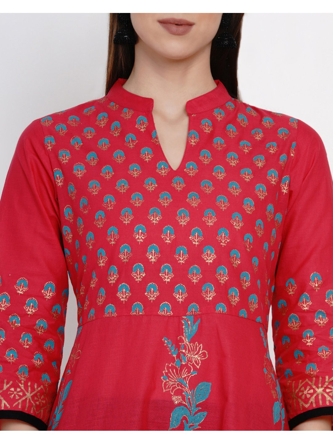 Women's Fuchsia Red Festive Ajrakh Hand Block Cotton Printed Anarkali - Wahe-Noor
