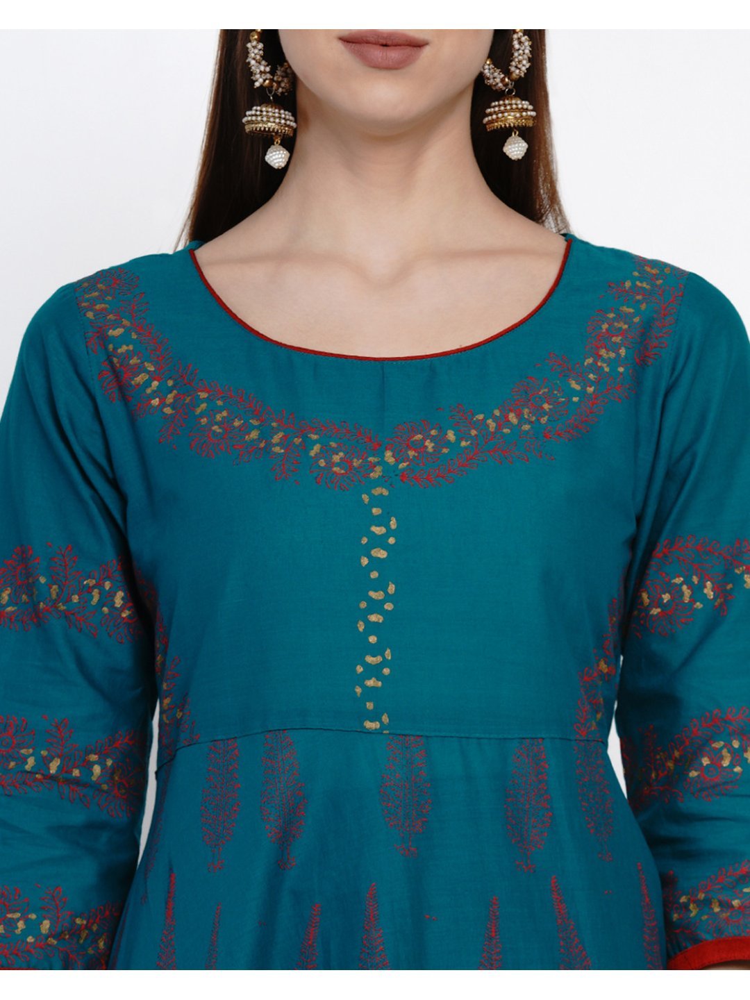 Women's Turquoise Ajrakh Hand Block Cotton Printed Anarkali - Noz2Toz