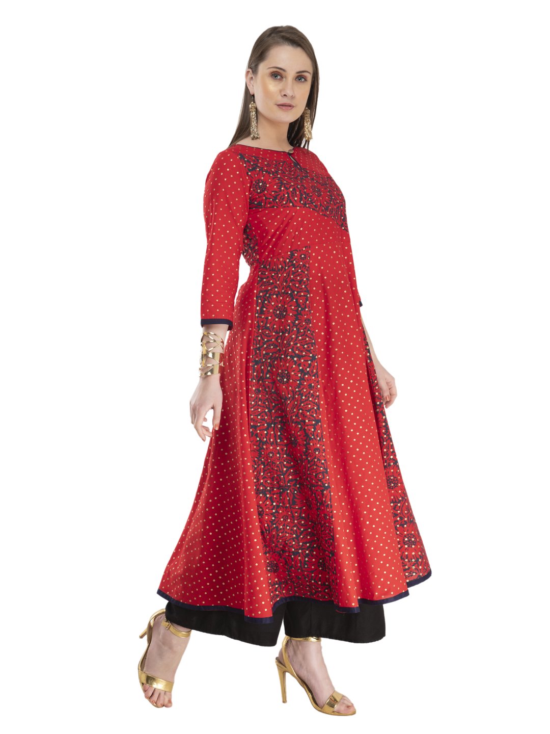 Women's Modern Red Cotton Anarkali With Ajrakh Hand Block Print - Wahe-Noor