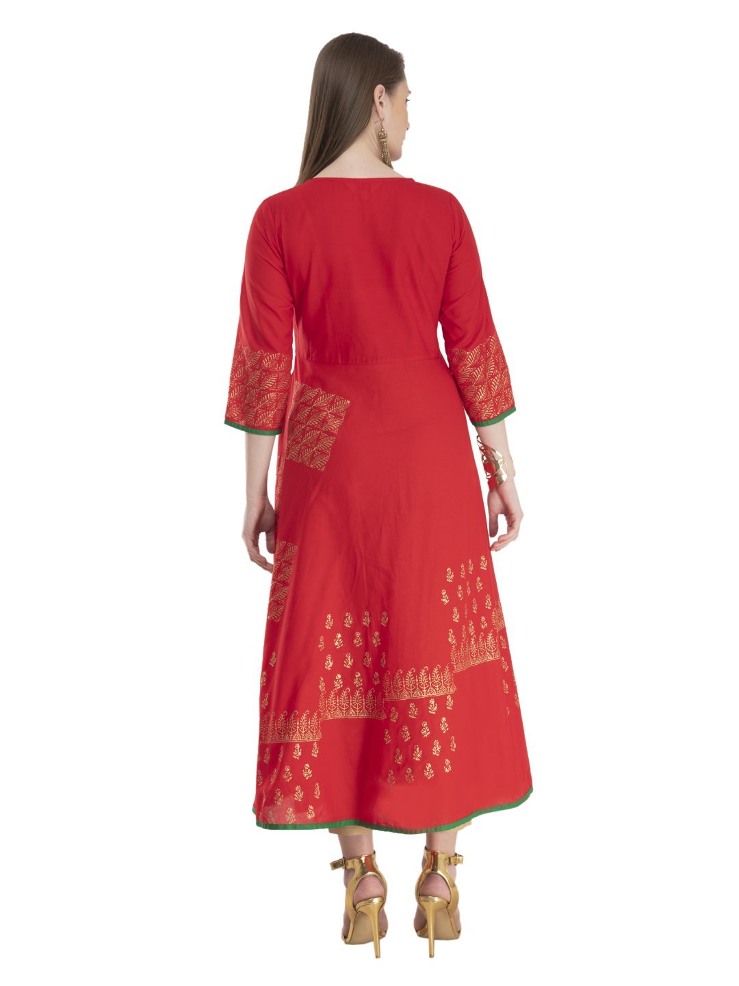 Women's Minimal Red Cotton Anarkali With Ajrakh Hand Block Print - Noz2Toz