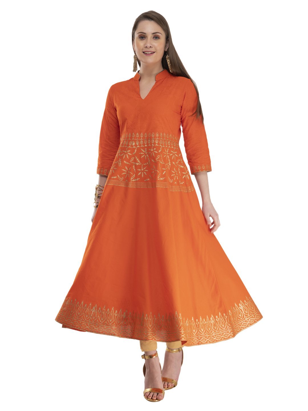 Women's Subtle Orange Ajrakh Hand Block Cotton Anarkali With Turquoise Print - Noz2Toz
