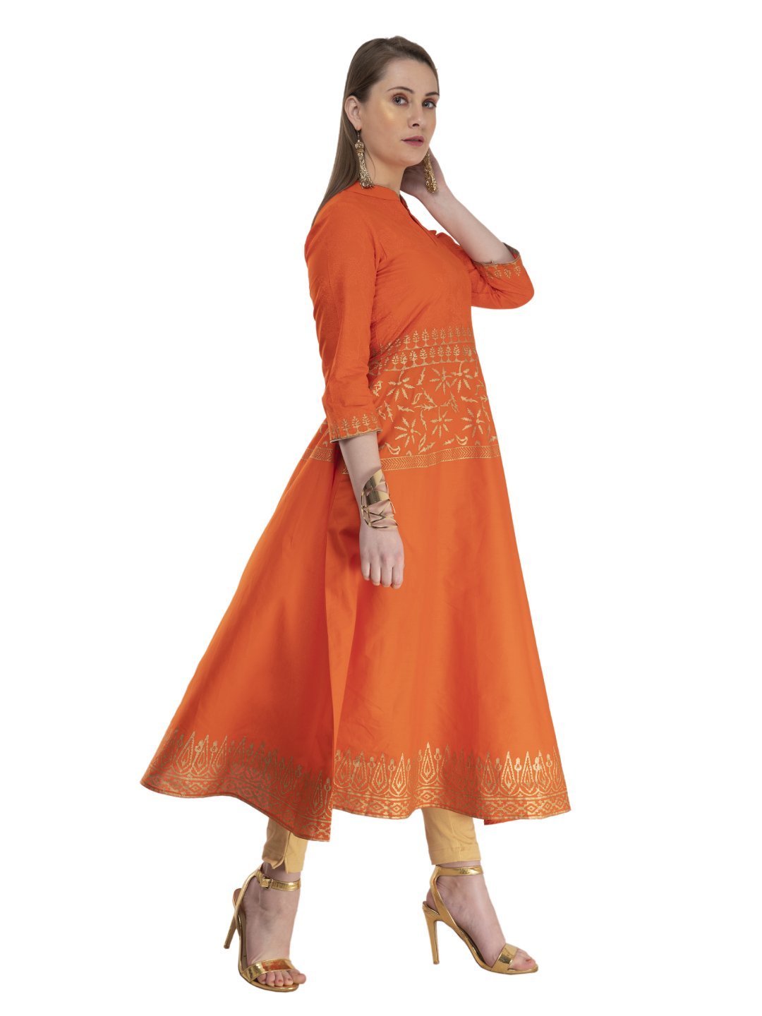 Women's Subtle Orange Ajrakh Hand Block Cotton Anarkali With Turquoise Print - Noz2Toz