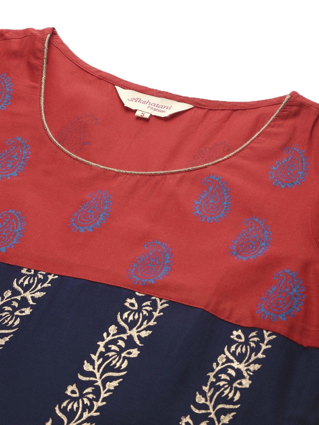 Women's Red And Blue Floral Ajrakh Hand Block Cotton Printed Straight Kurta - Wahe-Noor