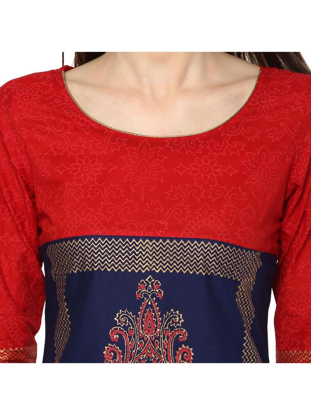 Women's Red And Blue Tribal Ajrakh Hand Block Cotton Printed Straight Kurta - Noz2Toz
